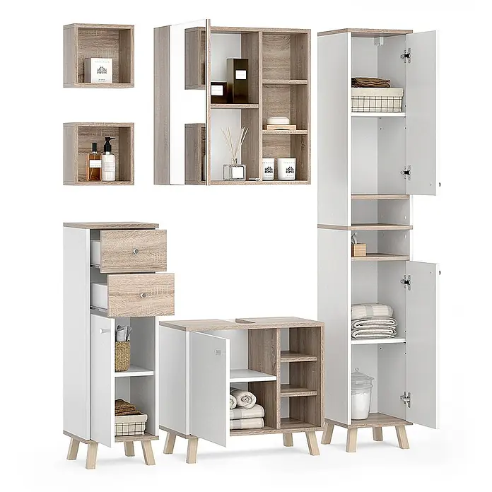 Vicco Badmöbel-Set Senyo Weiß 5 Teile - Gesamtbreite Badmöbel: 120 cm, Weiß, Matt - Modulares Badezimmermöbelset in Weiß und heller Holzoptik mit Schränken, Schubladen und offenen Regalen.