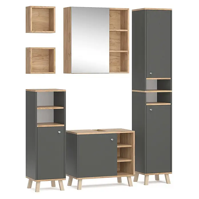 Vicco Badmöbel-Set Senyo, Anthrazit 60 cm -  - Modernes Badmöbel-Set: dunkelgraue Schränke mit heller Eichenholzoptik, Spiegelschrank, Wandregale und Standelemente auf Beinen.