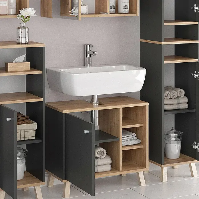 Vicco Badmöbel-Set Senyo, Anthrazit 60 cm -  - Modernes Badmöbel-Set mit dunkelgrauen Paneelen und hellen Holz-Akzenten, bestehend aus einem Waschbeckenunterschrank und hohen Schränken.