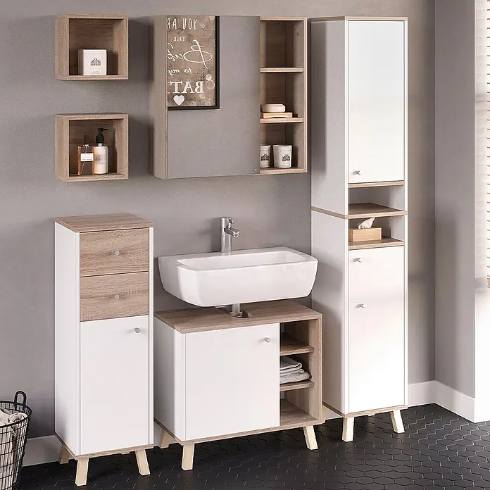 Vicco Badmöbel-Set Senyo Weiß 5 Teile - Gesamtbreite Badmöbel: 120 cm, Weiß, Matt - Modernes Badmöbelset mit weißen Fronten und hellen Holzapplikationen, bestehend aus Waschtischunterschrank, Hochschrank und Wandregalen.