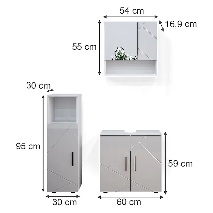 Vicco Badmöbel-Set Irma Weiß Hochglanz 3 Teile - Gesamtbreite Badmöbel: 90 cm, Weiß Hochglanz, Glänzend - Set aus drei hellgrauen Badschränken mit geometrischem Muster: ein Hängeschrank, ein hoher und ein niedriger Unterschrank.