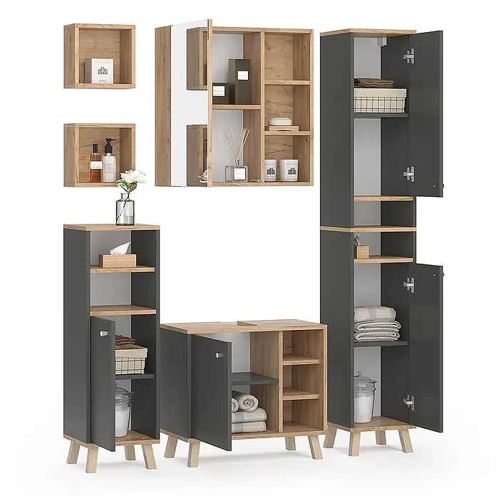 Vicco Badmöbel-Set Senyo, Anthrazit 60 cm -  - Modernes Badmöbel-Set in Dunkelgrau und heller Holzoptik mit Wandregalen, Spiegelschrank und Bodenschränken.