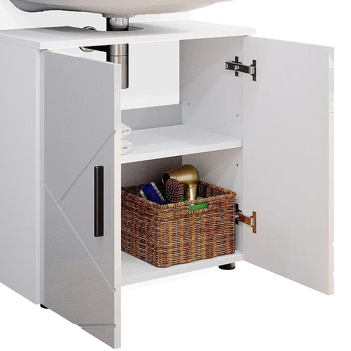 Vicco Badmöbel-Set Irma Weiß Hochglanz 4 Teile, mit Hochschrank - Gesamtbreite Badmöbel: 120 cm, Weiß Hochglanz, Glänzend - Weißer Waschbeckenunterschrank mit offenen Türen, Regal und einem Weidenkorb mit Föhn und Bürste.