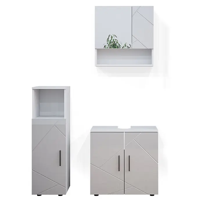 Vicco Badmöbel-Set Irma Weiß Hochglanz 3 Teile - Gesamtbreite Badmöbel: 90 cm, Weiß Hochglanz, Glänzend - Hellgraues Badmöbel-Set mit geometrischem Muster, inkl. Wandschrank, Hochschrank und Waschtischunterschrank.