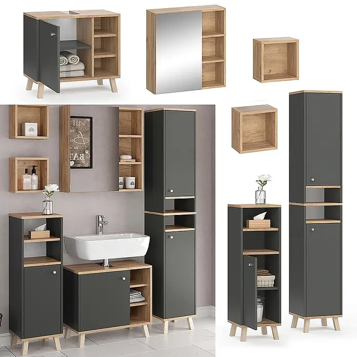 Vicco Badmöbel-Set Senyo, Anthrazit 60 cm -  - Modernes Badmöbelset in Dunkelgrau und hellem Holz, mit Waschtischunterschrank, Hochschränken, Spiegelschrank und offenen Regalen.