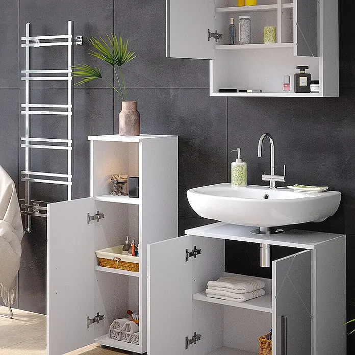 Vicco Badmöbel-Set Irma Weiß Hochglanz 3 Teile - Gesamtbreite Badmöbel: 90 cm, Weiß Hochglanz, Glänzend - Weiße moderne Badschränke und Waschtischunterschrank mit offenen Türen, zeigen Regale und Inhalt.