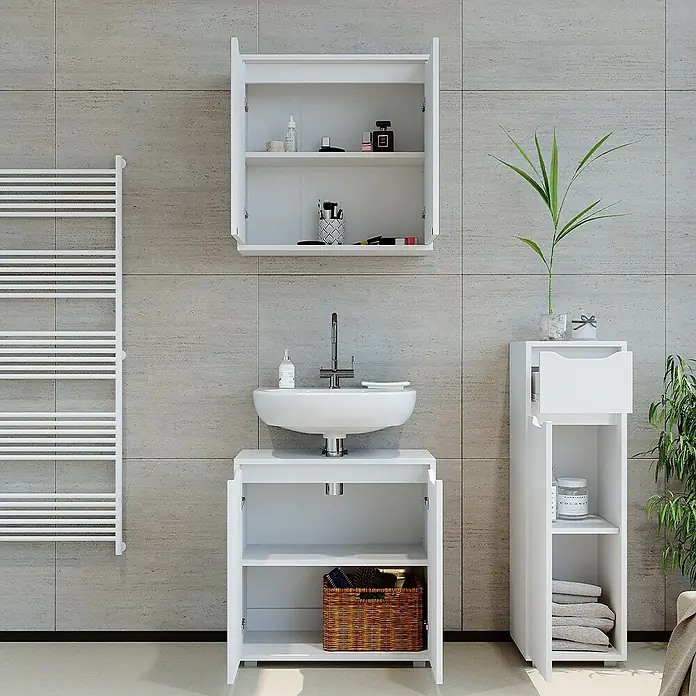 Vicco Badmöbel-Set Ruben Weiß 3 Teile - Gesamtbreite Badmöbel: 90 cm, Weiß, Matt - Weißes Badmöbel-Set: Wandschrank, Waschtischunterschrank mit Waschbecken und hoher Lagerschrank, alle mit offenen Türen.