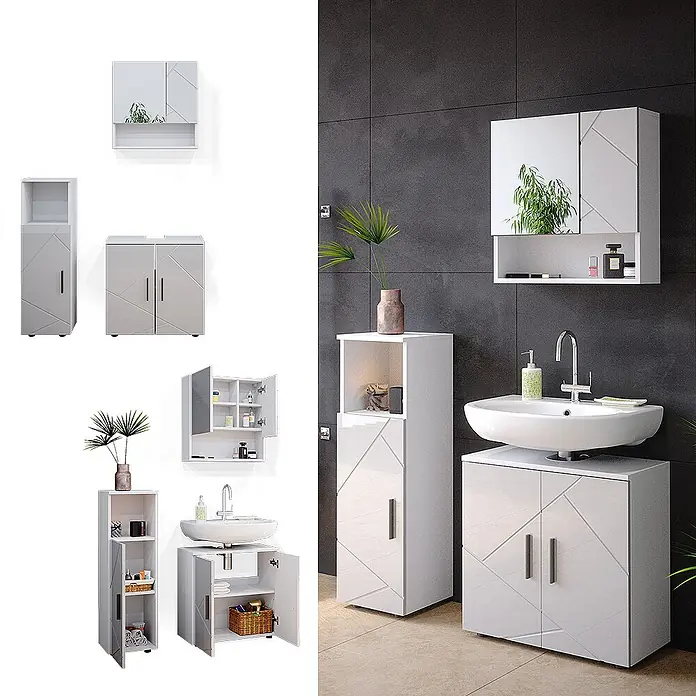 Vicco Badmöbel-Set Irma Weiß Hochglanz 3 Teile - Gesamtbreite Badmöbel: 90 cm, Weiß Hochglanz, Glänzend - Weißes Badezimmermöbel-Set mit geometrischem Muster, bestehend aus Spiegelschrank, Hochschrank und Waschtischunterschrank.