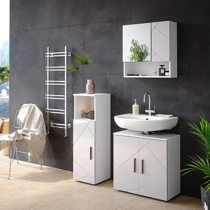 Vicco Badmöbel-Set Irma Weiß Hochglanz 3 Teile - Gesamtbreite Badmöbel: 90 cm, Weiß Hochglanz, Glänzend - Moderne weiße Badmöbelgarnitur mit geometrischem Design: Spiegelschrank, Hochschrank und Waschtischunterschrank. Chrom-Handtuchwärmer.