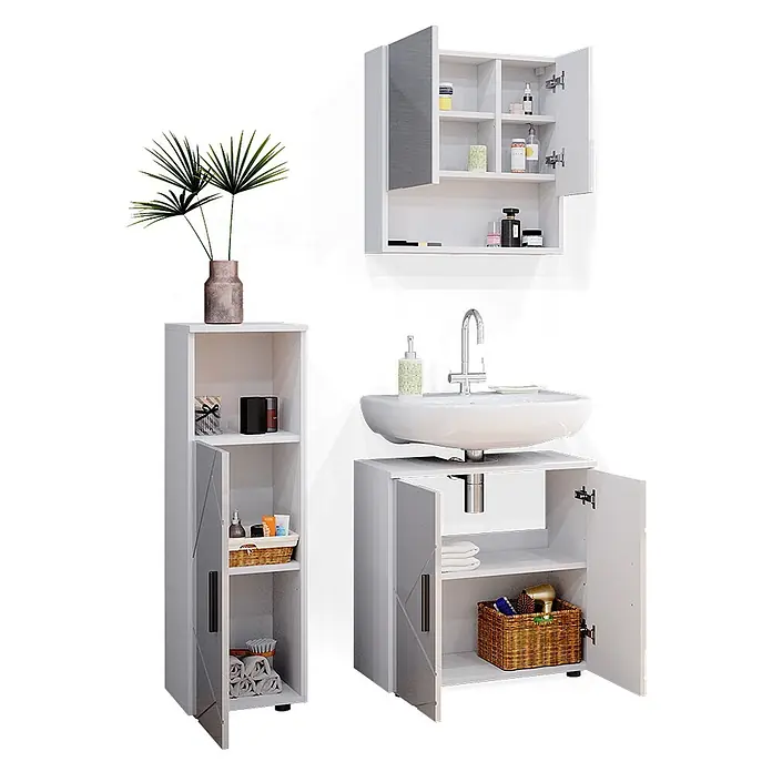 Vicco Badmöbel-Set Irma Weiß Hochglanz 3 Teile - Gesamtbreite Badmöbel: 90 cm, Weiß Hochglanz, Glänzend - Weißes Badezimmermöbel-Set mit Waschbeckenunterschrank, Hochschrank und Wandschrank zur Badorganisation.