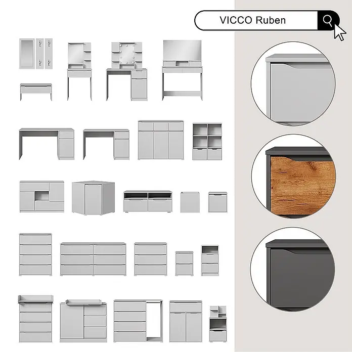 Vicco Badmöbel-Set Ruben Weiß 3 Teile - Gesamtbreite Badmöbel: 90 cm, Weiß, Matt - Möbelkollektion in Hellgrau, teils mit Holzfronten oder Dunkelgrau, zeigt diverse Schubladen- und Schrankstile.