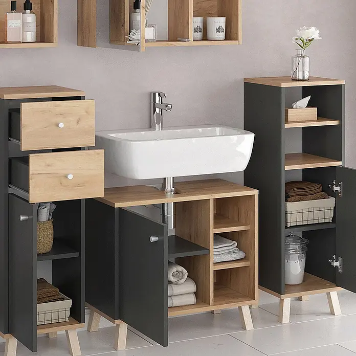 Vicco Badmöbel-Set Senyo Anthrazit 5 Teile, mit Regalen - Gesamtbreite Badmöbel: 120 cm, Anthrazit, Matt - Stilvolles Badmöbelset in Dunkelgrau und hellem Holz mit Waschbecken, inklusive Schubladen, offenen Fächern und Schränken für vielseitigen Stauraum.