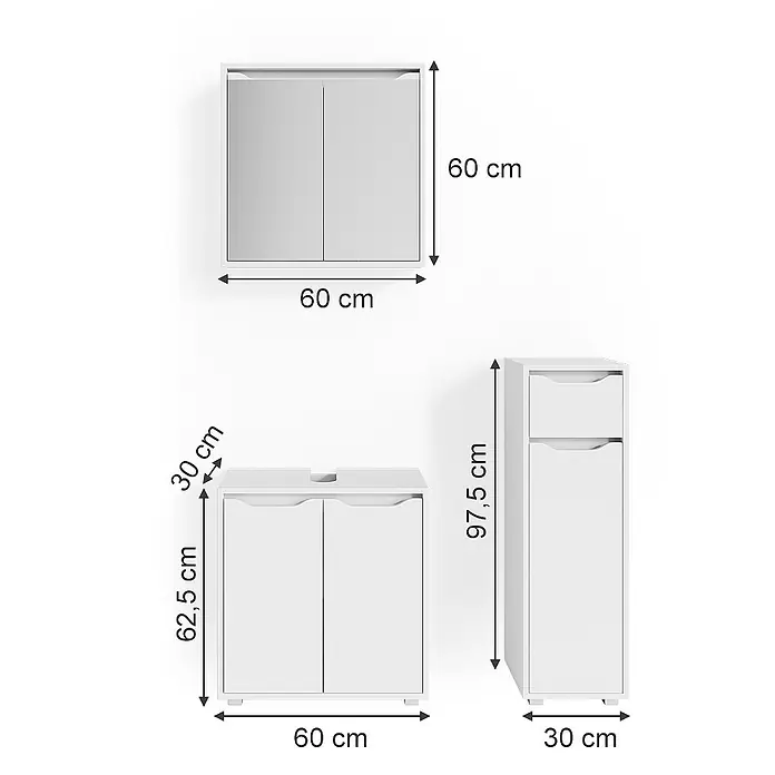 Vicco Badmöbel-Set Ruben Weiß 3 Teile - Gesamtbreite Badmöbel: 90 cm, Weiß, Matt - Weißes Modulmöbel-Set: ein Wandschrank, Waschtischunterschrank und hoher Aufbewahrungsschrank.