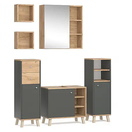 Vicco  Badmöbel-Set Senyo Anthrazit 5 Teile, mit Regalen
