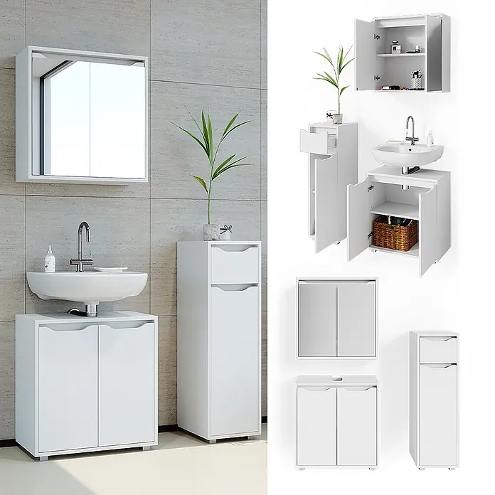 Vicco Badmöbel-Set Ruben Weiß 3 Teile - Gesamtbreite Badmöbel: 90 cm, Weiß, Matt - Modernes weißes Badezimmermöbelset mit Spiegelschrank, Waschbeckenunterschrank und hohem Hochschrank, mit geöffneten Türen gezeigt.