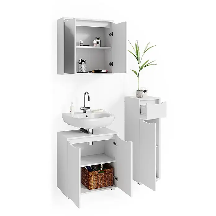 Vicco Badmöbel-Set Ruben Weiß 3 Teile - Gesamtbreite Badmöbel: 90 cm, Weiß, Matt - Weißes Badmöbel-Set mit Hängeschrank, Waschbeckenunterschrank und hohem Beistellschrank, Türen geöffnet.