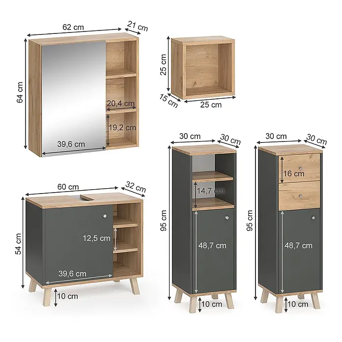 Vicco Badmöbel-Set Senyo Anthrazit 5 Teile, mit Regalen - Gesamtbreite Badmöbel: 120 cm, Anthrazit, Matt - Ein modulares Badmöbel-Set in hellem Holz und Dunkelgrau, bestehend aus Spiegelschrank, Waschtischunterschrank und Hochschränken, mit Maßen dargestellt.