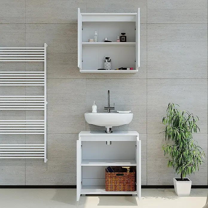 Vicco Badmöbel-Set Ruben Weiß 2 Teile - Gesamtbreite Badmöbel: 60 cm, Weiß, Matt - Weißes Badezimmermöbel-Set mit Wandschrank, Waschbecken und Unterschrank.