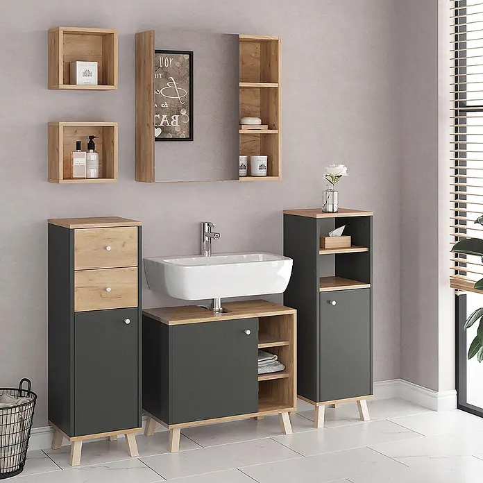 Vicco Badmöbel-Set Senyo Anthrazit 5 Teile, mit Regalen - Gesamtbreite Badmöbel: 120 cm, Anthrazit, Matt - Modernes Badmöbel-Set in Dunkelgrau und hellem Holz mit Waschtisch, Hochschränken, Regalen und Spiegelschrank.