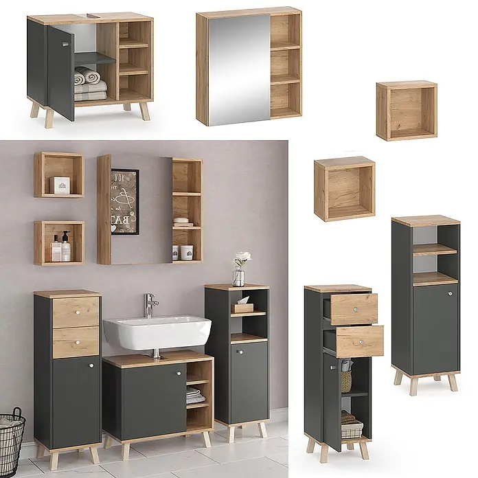 Vicco Badmöbel-Set Senyo Anthrazit 5 Teile, mit Regalen - Gesamtbreite Badmöbel: 120 cm, Anthrazit, Matt - Modernes Badmöbel-Set in Dunkelgrau und Eichenoptik, inkl. Waschbeckenunterschrank, Spiegel, Hochschränken und Wandregalen.