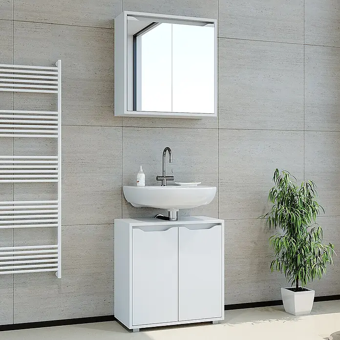 Vicco Badmöbel-Set Ruben Weiß 2 Teile - Gesamtbreite Badmöbel: 60 cm, Weiß, Matt - Weißer Badezimmerschrank mit Waschbecken und Spiegelschrank in einem modernen Bad.