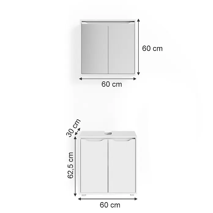 Vicco Badmöbel-Set Ruben Weiß 2 Teile - Gesamtbreite Badmöbel: 60 cm, Weiß, Matt - Zwei weiße modulare Aufbewahrungsschränke. Eine Wand- und eine Boden-Waschtischunterschrank-Einheit, alle Maße sichtbar.
