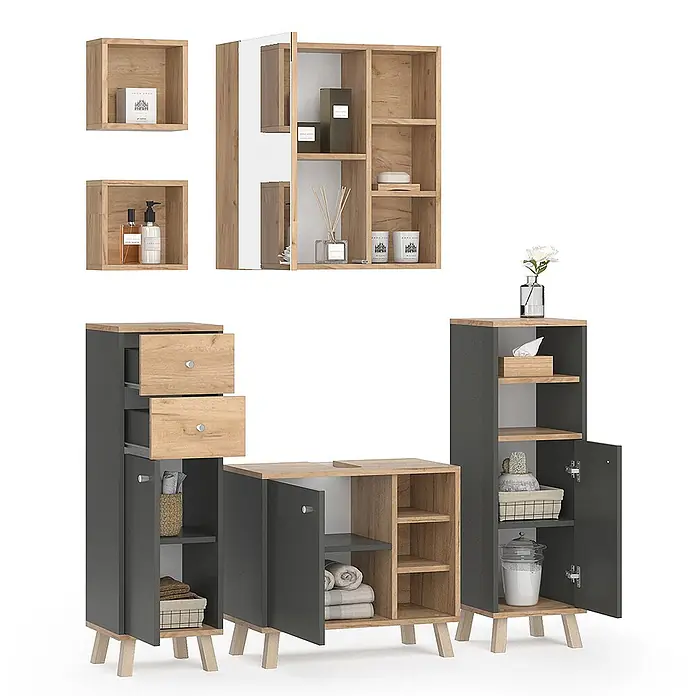Vicco Badmöbel-Set Senyo Anthrazit 5 Teile, mit Regalen - Gesamtbreite Badmöbel: 120 cm, Anthrazit, Matt - Modulares Badmöbelset in Dunkelgrau und heller Holzoptik mit Wandregalen, Spiegelschrank, Schubladen- und Türschränken.