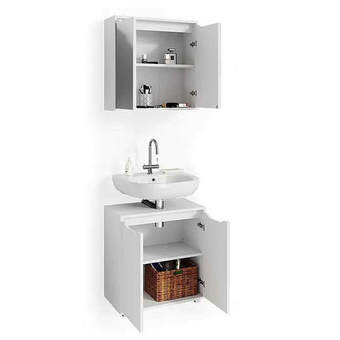 Vicco Badmöbel-Set Ruben Weiß 2 Teile - Gesamtbreite Badmöbel: 60 cm, Weiß, Matt - Weißes Badezimmerset: Wandschrank mit offenen Türen und Unterschrank mit Waschbecken, ebenfalls mit offenen Türen und Korb.