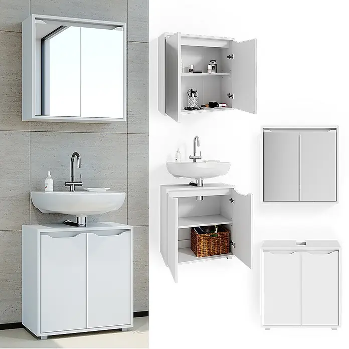 Vicco Badmöbel-Set Ruben Weiß 2 Teile - Gesamtbreite Badmöbel: 60 cm, Weiß, Matt - Weißes Badezimmermöbel-Set mit Spiegelschrank und Waschbeckenunterschrank.