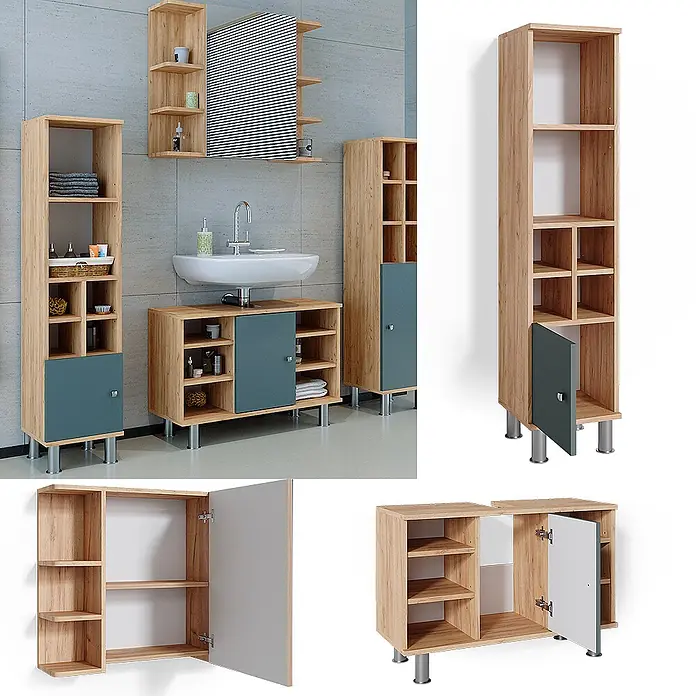 Vicco Badmöbel-Set Fynn Grün 3 Teile, mit Midischrank Tür klein - Gesamtbreite Badmöbel: 110 cm, Grün, Matt - Badezimmermöbel-Set: helle Holzschränke mit tealfarbenen Türen und offenen Regalen, inklusive Hochschränken, Waschtischunterschrank und Spiegelschrank.
