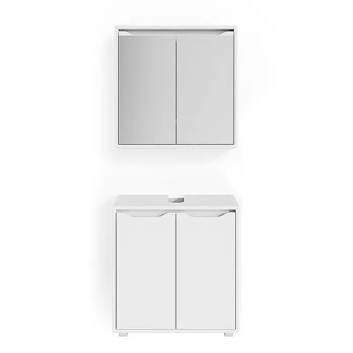 Vicco Badmöbel-Set Ruben Weiß 2 Teile - Gesamtbreite Badmöbel: 60 cm, Weiß, Matt - Weißer Wandschrank mit Spiegel und stehender Waschtischunterschrank mit zwei Türen.