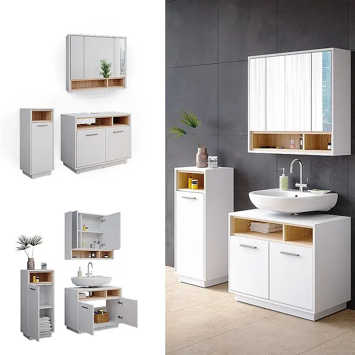 Vicco Badmöbel-Set Beatrice Weiß 3 Teile - Gesamtbreite Badmöbel: 118 cm, Weiß, Matt - Weißes Badmöbelset mit hellen Holzdetails: Waschtischunterschrank, Hochschrank und Spiegelschrank.