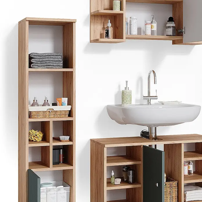 Vicco Badmöbel-Set Fynn Grün 3 Teile, mit Midischrank Tür klein - Gesamtbreite Badmöbel: 110 cm, Grün, Matt - Badezimmermöbel-Set aus hellem Holz mit offenen Regalen und Waschtischunterschrank, akzentuiert mit Dunkelgrün.