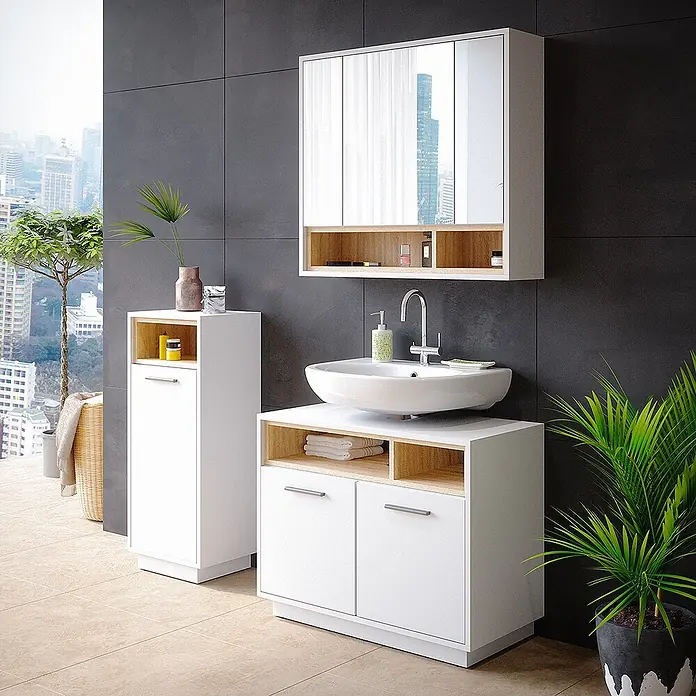 Vicco Badmöbel-Set Beatrice Weiß 3 Teile - Gesamtbreite Badmöbel: 118 cm, Weiß, Matt - Weiß-hellholzfarbener Badwaschtisch mit Aufsatzwaschbecken, Spiegelschrank und hohem Badschrank im modernen Badezimmer.