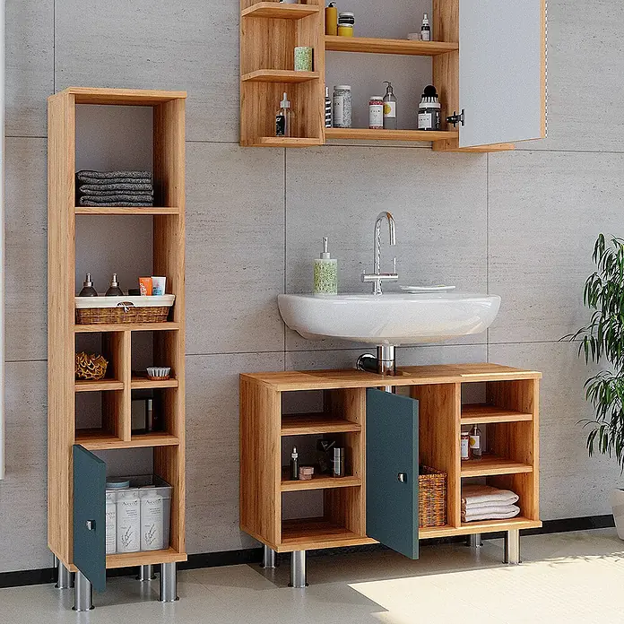Vicco Badmöbel-Set Fynn Grün 3 Teile, mit Midischrank Tür klein - Gesamtbreite Badmöbel: 110 cm, Grün, Matt - Badezimmerschrank-Set aus Holz: Hochschrank, Spiegelschrank und Waschtischunterschrank mit dunkelblauen Türen für geordnete Aufbewahrung.