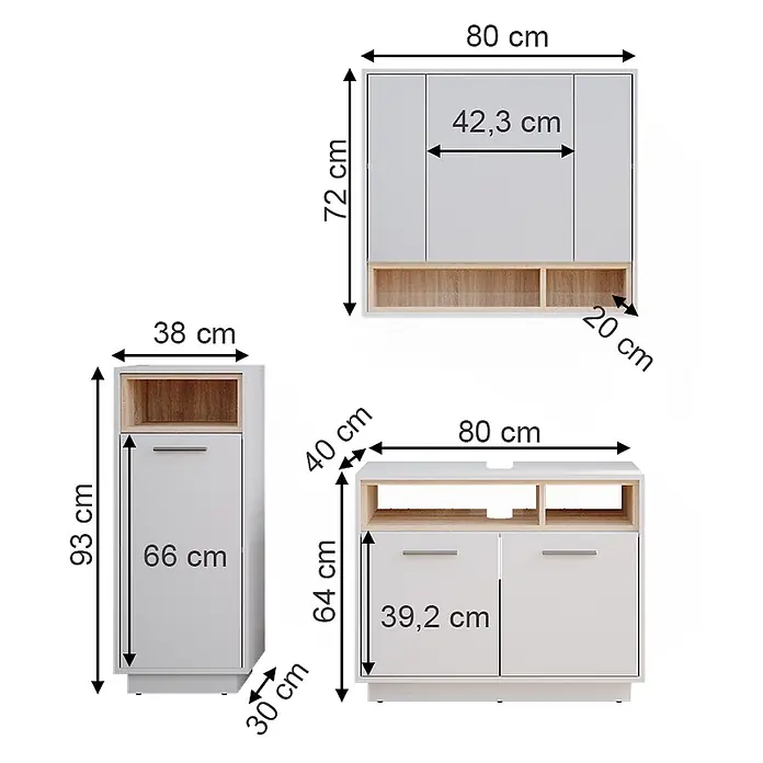Vicco Badmöbel-Set Beatrice Weiß 3 Teile - Gesamtbreite Badmöbel: 118 cm, Weiß, Matt - Drei weiße moduläre Schränke mit hellen Holzfächern, darunter ein Hochschrank, ein Hängeschrank und ein TV-Schrank, Maße angegeben.