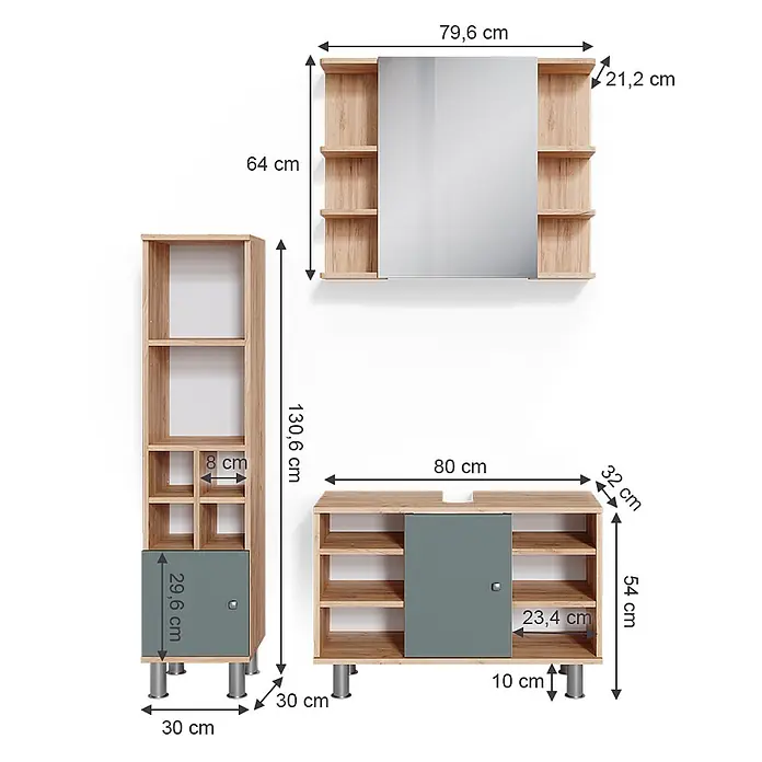 Vicco Badmöbel-Set Fynn Grün 3 Teile, mit Midischrank Tür klein - Gesamtbreite Badmöbel: 110 cm, Grün, Matt - Badezimmermöbel-Set aus hellem Holz mit grauen Türen: Hochschrank, Waschtischunterschrank und Spiegelschrank.