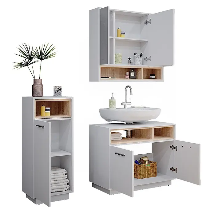 Vicco Badmöbel-Set Beatrice Weiß 3 Teile - Gesamtbreite Badmöbel: 118 cm, Weiß, Matt - Weißes Badmöbelset mit hellen Holzdetails: ein Wandschrank, Waschtischunterschrank mit Waschbecken und Armatur, und ein Hochschrank.