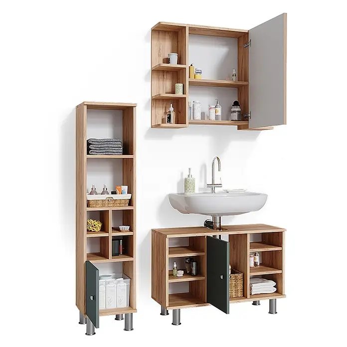 Vicco Badmöbel-Set Fynn Grün 3 Teile, mit Midischrank Tür klein - Gesamtbreite Badmöbel: 110 cm, Grün, Matt - Modernes Badmöbelset aus hellem Holz mit dunkelgrauen Akzenten, vielseitiger Stauraum für Ihr Bad.