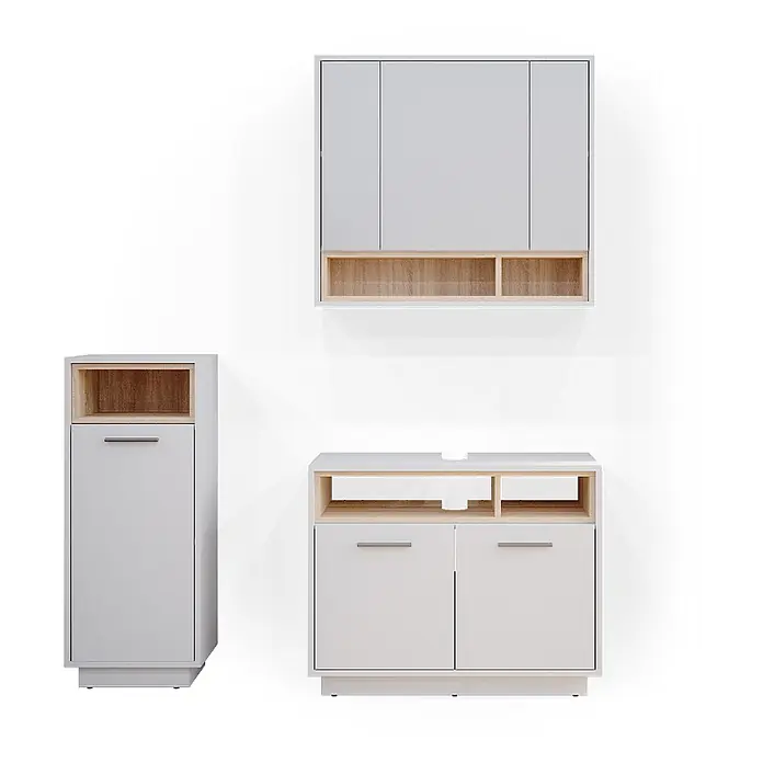 Vicco Badmöbel-Set Beatrice Weiß 3 Teile - Gesamtbreite Badmöbel: 118 cm, Weiß, Matt - Modulares Möbelset in Hellgrau mit Naturholz-Akzenten, bestehend aus Wandschrank, Hochschrank und TV-Lowboard.