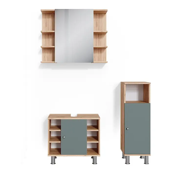 Vicco Badmöbel-Set Fynn Grün 3 Teile, mit Midischrank - Gesamtbreite Badmöbel: 90 cm, Grün, Matt - Modulare Badmöbel-Garnitur aus hellem Holz mit graugrünen Türen: Spiegelschrank, Waschtischunterschrank und Hochschrank.