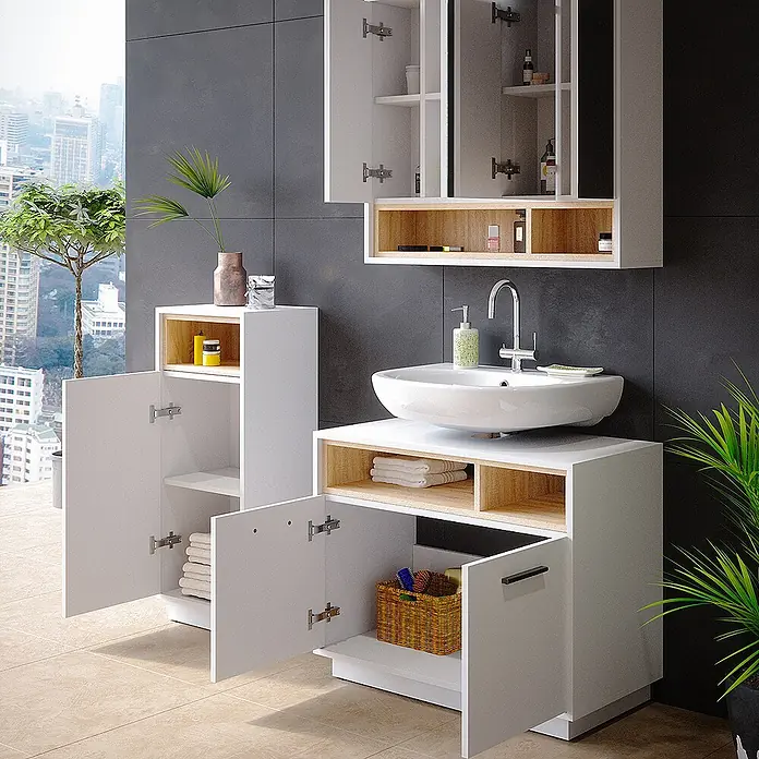 Vicco Badmöbel-Set Beatrice Weiß 3 Teile - Gesamtbreite Badmöbel: 118 cm, Weiß, Matt - Modernes Badezimmermöbel-Set in Weiß mit hellem Holz, bestehend aus Waschtischunterschrank, Spiegelschrank und Beistellschrank für viel Stauraum.