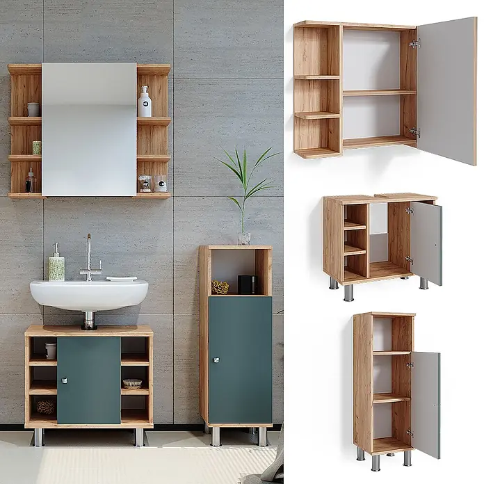 Vicco Badmöbel-Set Fynn Grün 3 Teile, mit Midischrank - Gesamtbreite Badmöbel: 90 cm, Grün, Matt - Badezimmermöbelset aus hellem Holz mit dunkelgrünen Türen, bestehend aus Spiegelschrank, Waschbecken- und Hochschrank.