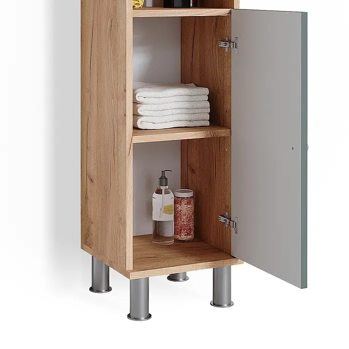 Vicco Badmöbel-Set Fynn Grün 3 Teile, mit Midischrank - Gesamtbreite Badmöbel: 90 cm, Grün, Matt - Hoher Badezimmerschrank aus hellem Holz mit silbernen Beinen und grauer Tür, offen mit Handtüchern und Pflegeprodukten.