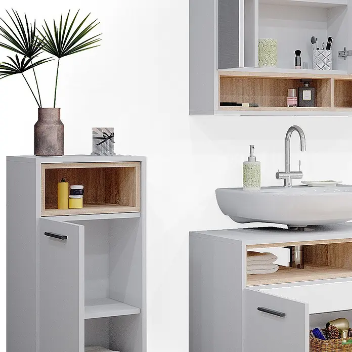 Vicco Badmöbel-Set Beatrice Weiß 3 Teile - Gesamtbreite Badmöbel: 118 cm, Weiß, Matt - Moderne hellgraue Badmöbel mit Akzenten aus Naturholz und einem weißen Waschbecken, bieten vielfältigen Stauraum.