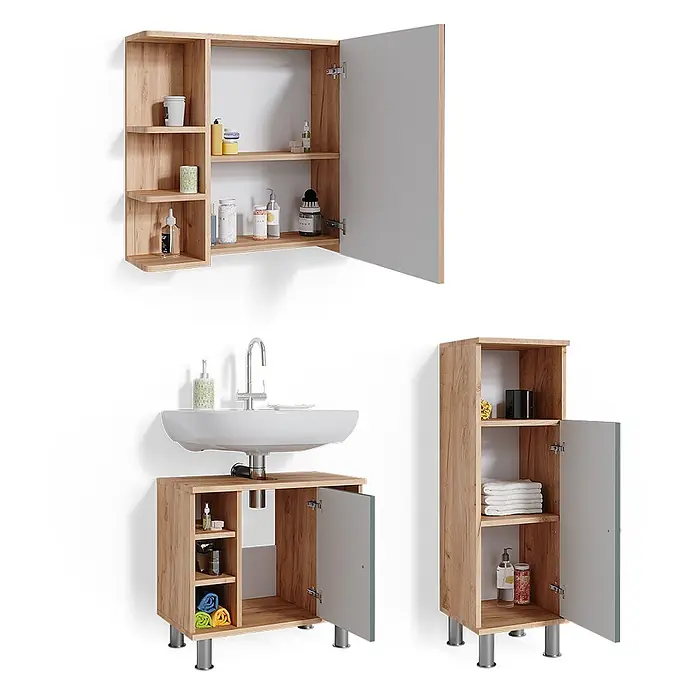 Vicco Badmöbel-Set Fynn Grün 3 Teile, mit Midischrank - Gesamtbreite Badmöbel: 90 cm, Grün, Matt - Badezimmermöbel-Set aus hellem Holz mit grauen Akzenten: Wandschrank, Waschtisch mit Waschbecken und Hochschrank.