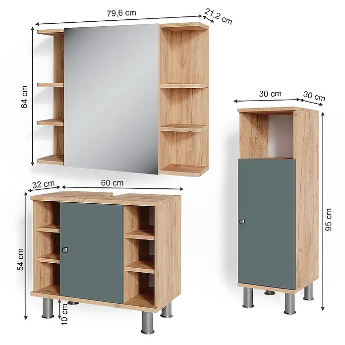 Vicco Badmöbel-Set Fynn Grün 3 Teile, mit Midischrank - Gesamtbreite Badmöbel: 90 cm, Grün, Matt - Badezimmermöbel-Set: Spiegelschrank, Unterschrank und Hochschrank in Holzoptik mit grün-grauen Türen.