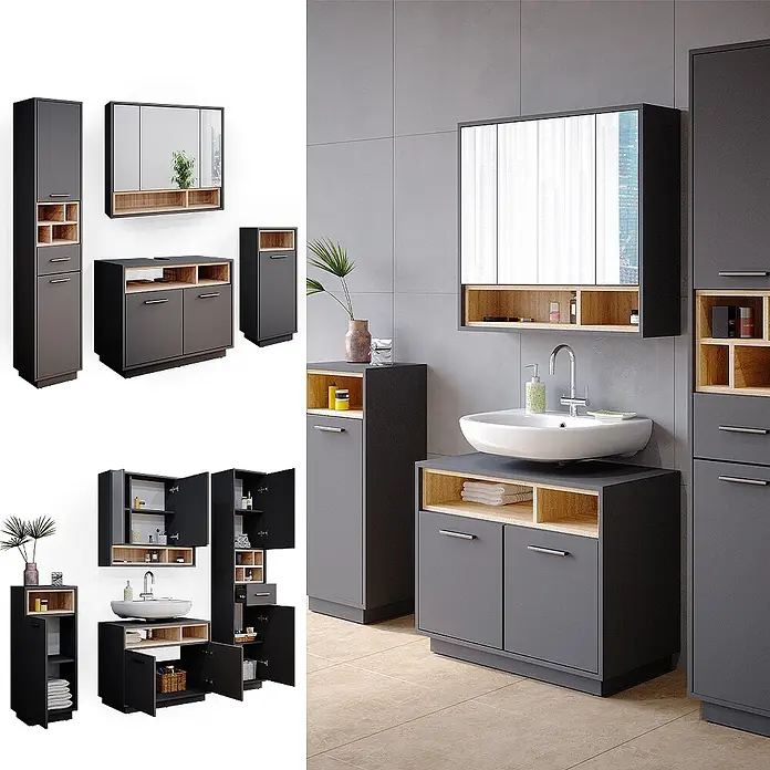 Vicco Badmöbel-Set Beatrice Anthrazit 4 Teile - Gesamtbreite Badmöbel: 156 cm, Anthrazit, Matt - Anthrazitfarbene Badmöbelgarnitur mit hellen Holzakzenten, bestehend aus Spiegelschrank, Waschtischunterschrank und Hochschrank.
