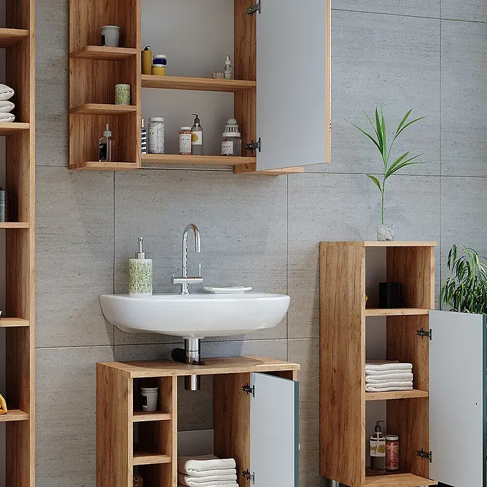 Vicco Badmöbel-Set Fynn Grün 3 Teile, mit Midischrank - Gesamtbreite Badmöbel: 90 cm, Grün, Matt - Hölzernes Badezimmermöbel-Set: Waschtisch mit Waschbecken, Wandschrank und hoher Stauraumschrank, alle mit Regalen und Türen.