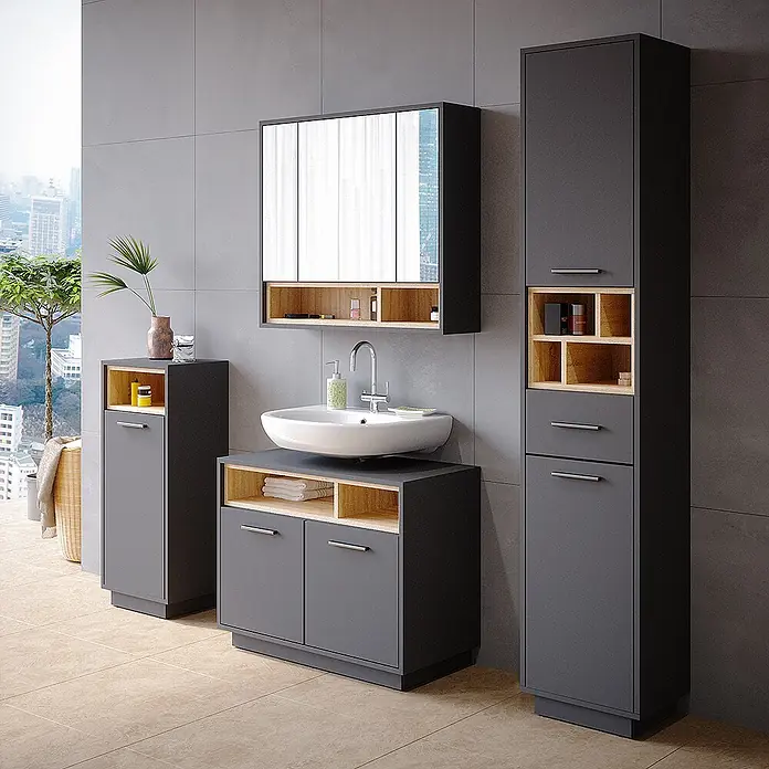 Vicco Badmöbel-Set Beatrice Anthrazit 4 Teile - Gesamtbreite Badmöbel: 156 cm, Anthrazit, Matt - Dunkelgraues Badmöbelset mit hellen Holzakzenten, bestehend aus Waschtischunterschrank, Hochschrank und Beistellschrank.